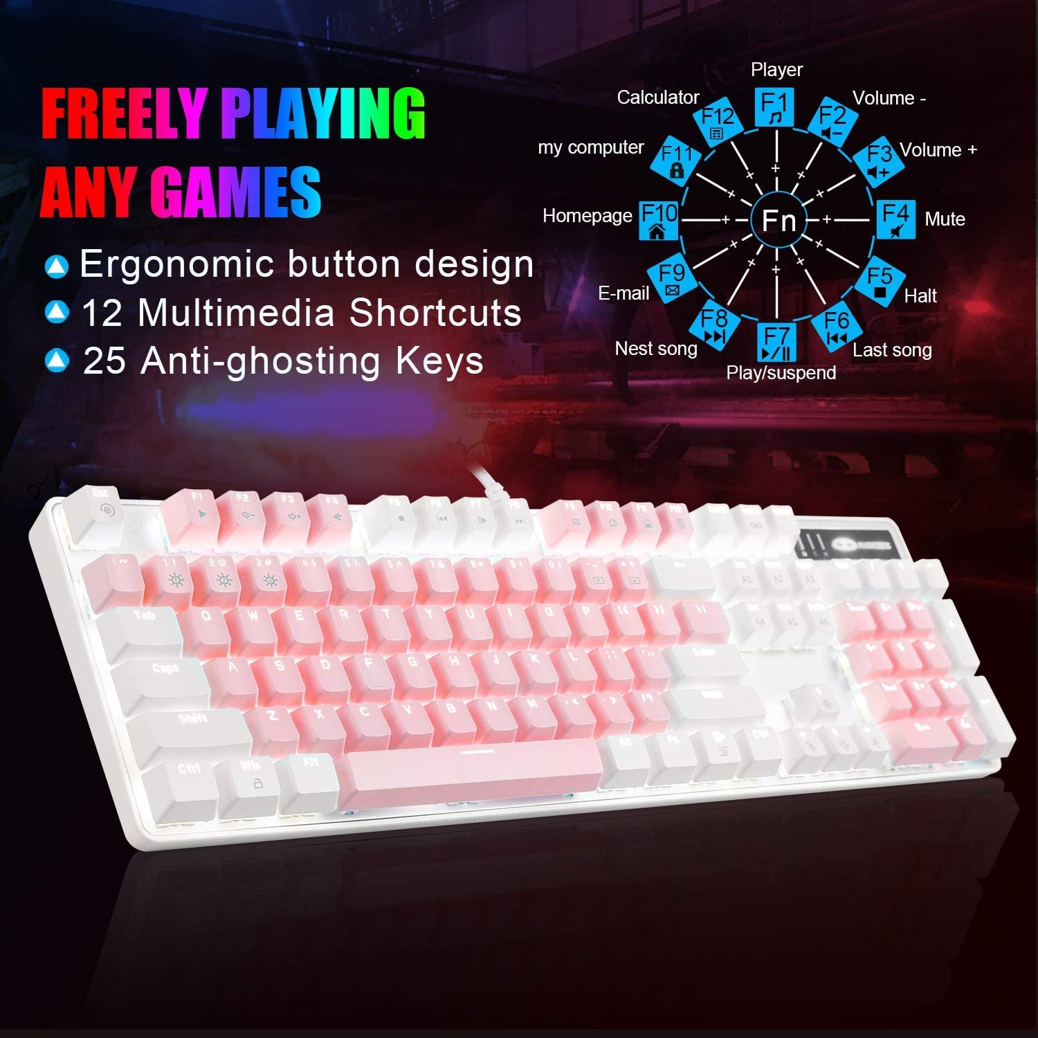 Mechanical Gaming Keyboard,  New Upgraded Blue Switch 104 Keys White Backlit Keyboards, USB Wired Mechanical Computer Keyboard for Laptop, Desktop, PC Gamers(White & Pink)