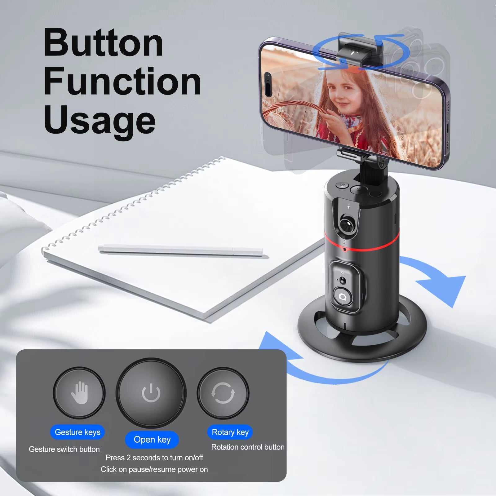 P02 Gimbal 360 Rotation AI Automatic Tracking Shooting Stabilizer Detachable Phone Clip Mini Selfie Stick Phoneholder